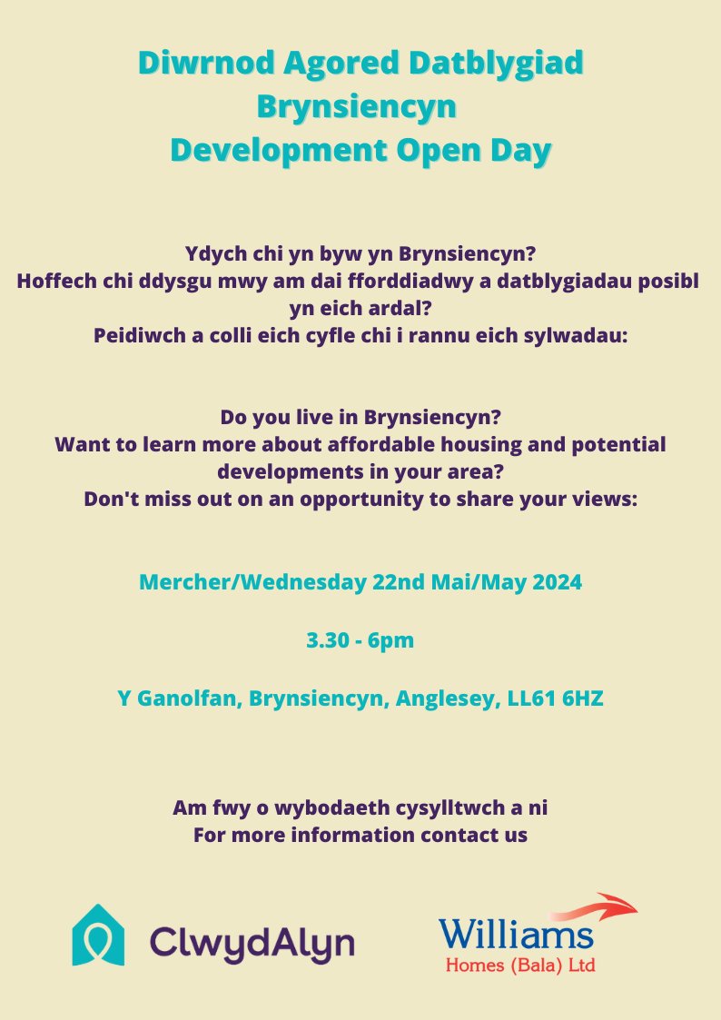 Diwrnod Agored Datblygu ym Mrynsiencyn 22 Mai 2024.
Am fwy o wybodaeth cliciwch ar y ddolen hon:-
owendevenport.co.uk/preapplication…