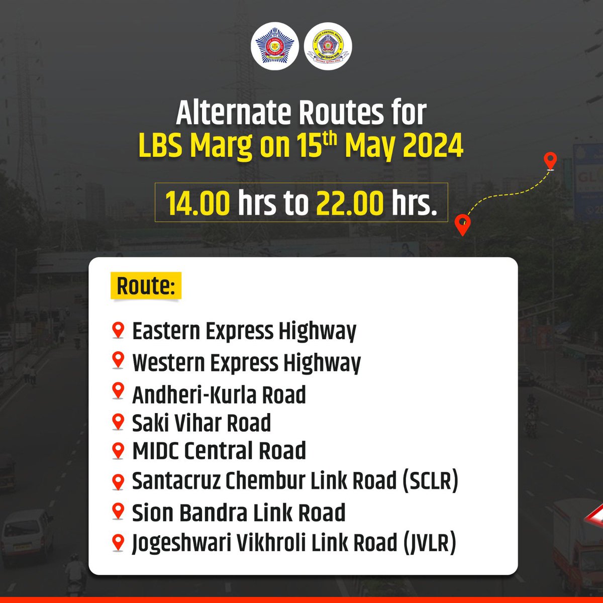 In view of the Road Show organised at LBS Road on 15th May 2024, large number of individuals are expected to participate in it. Therefore in order to ease the traffic on the adjoining roads, the following traffic arrangements will be in place. #MTPTrafficUpdates