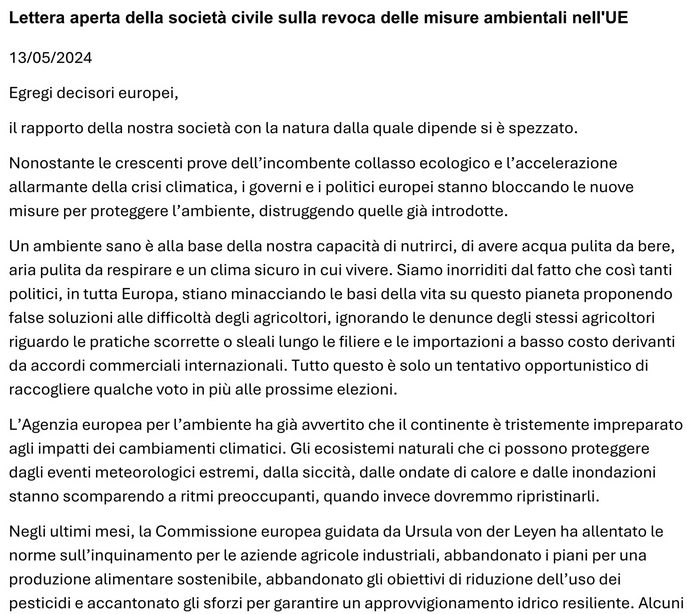 Tradito il #greendeal: 145 organizzazioni scrivono alla @EU_Commission di @vonderleyen e alle istituzioni europee per chiedere nuovo impegno ilfattoquotidiano.it/2024/05/14/pol… @Greenpeace_ITA @FerroniFranco @Legambiente @federica_luoni @nicolettianto @agrilegamb @LegambienteLomb @fimianif