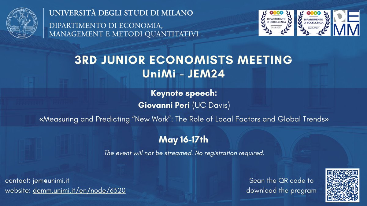 🗓️ 3° edizione del #Junior #Economists #Meeting 📈 📍 16/05 sala lauree, h. 13.45 17/05 aula seminari 'Giorgio Pizzutto', h. 8.30 🎙️ @giov_peri @UCDavisEcon 🔗 Link in bio @smnferro, @AndreaRiganti1, @alessio_romarri, @VeronicaRattini, @bagnato_lu, @SaGiunti, @giovannascarchi