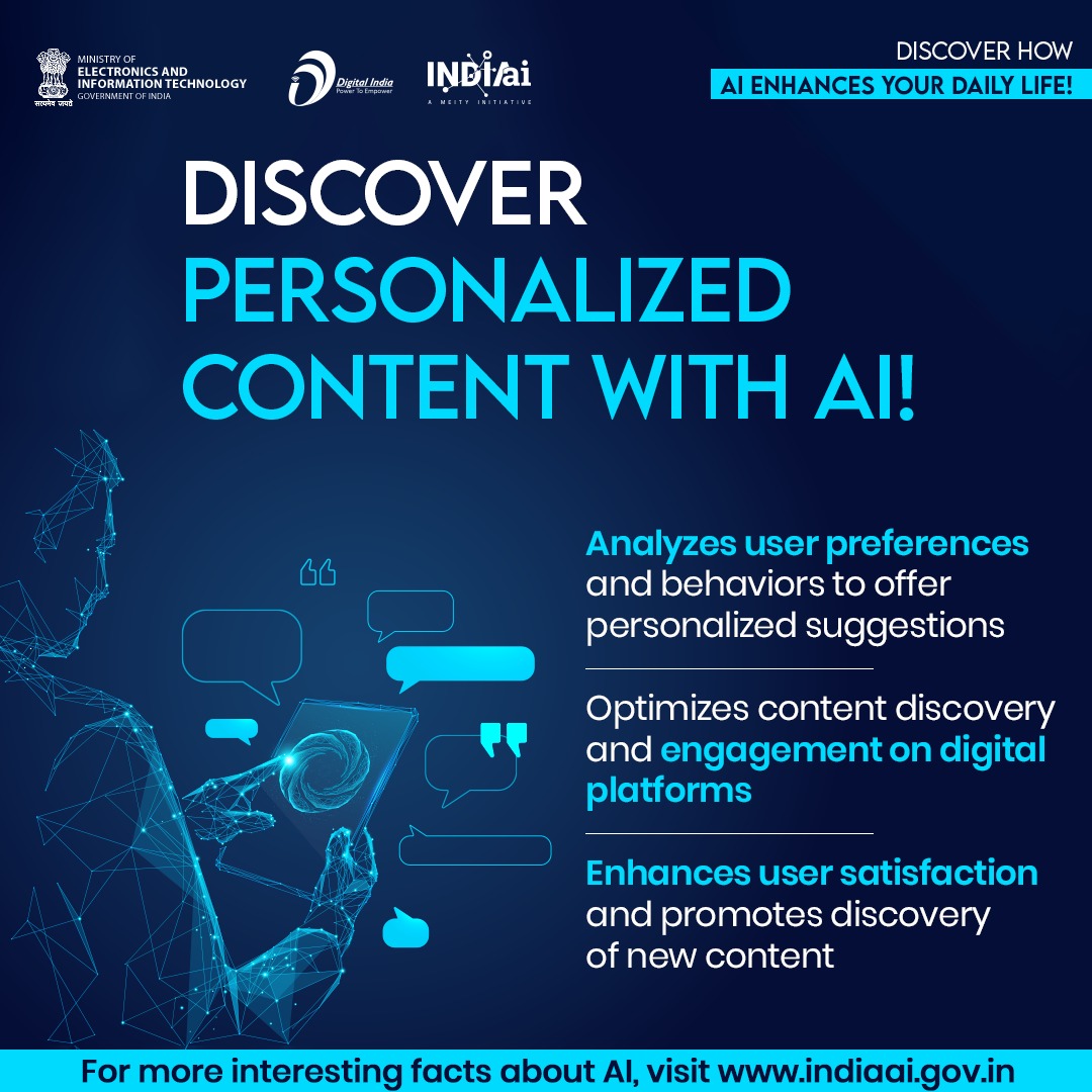 Explore tailored recommendations! AI analyzes your interests to suggest movies, music, and products you'll love. Discover new favourites with AI-powered recommendation systems! 🎬🎵 Explore more at indiaai.gov.in #DigitalIndia @OfficialINDIAai @startupindia @MSH_MeitY