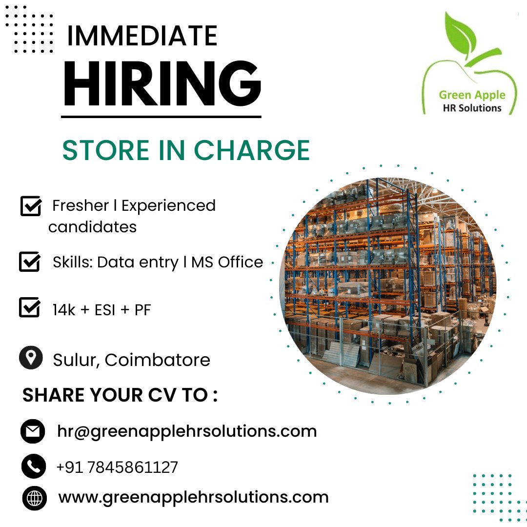 We are looking for a STORE-IN-CHARGE | Fresher or Experienced Candidate

Skills:
Data Entry and MS Office

Benefits: 14k + ESI +PF

#greenapplehrsolutions #recruitmentagency #jobconsultancy #storeincharge #hiring #hiringnow #opentowork #jobalert #jobsearch #jobshiring
