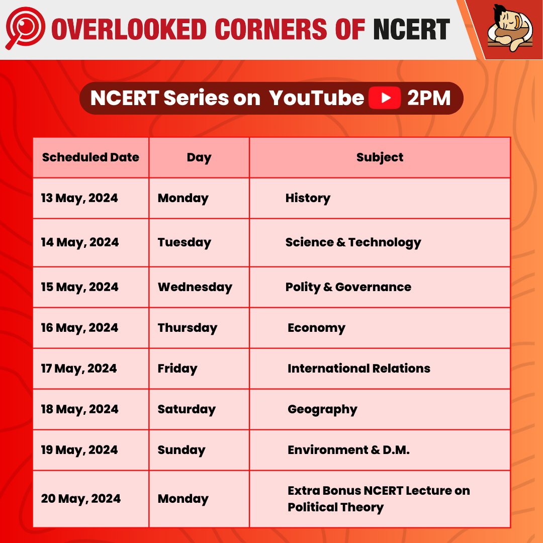 🚨UPDATED SCHEDULE
NCERT Series on YouTube for UPSC Prelims 2024 ⏰2PM Everyday!

Playlist link in comments
