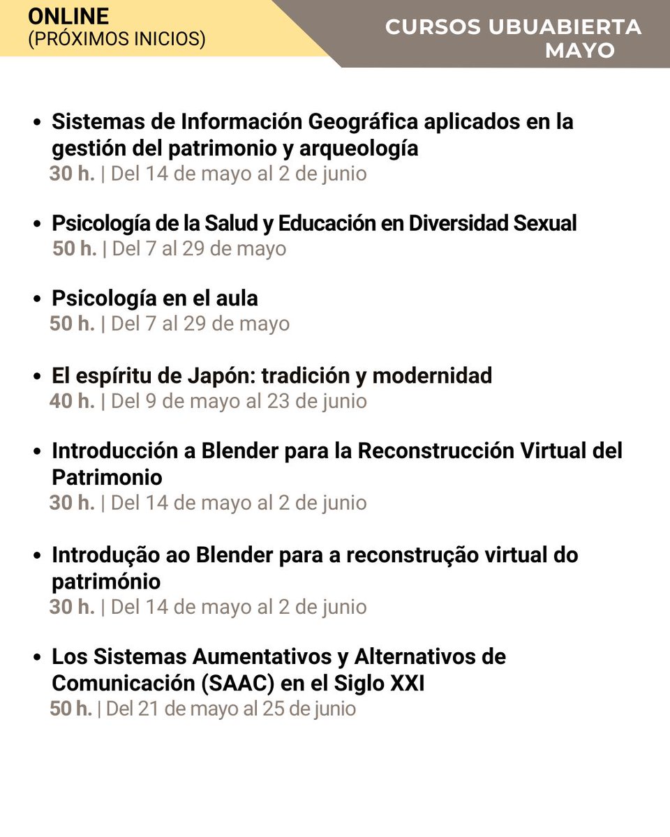 #Cursos_UBUAbierta | MAYO PRÓXIMOS INICIOS (1/2) ¡Echa un vistazo a los cursos de mayo a los que aún puedes apuntarte! 👀 • ONLINE ►ubu.es/ubuabierta-cur…