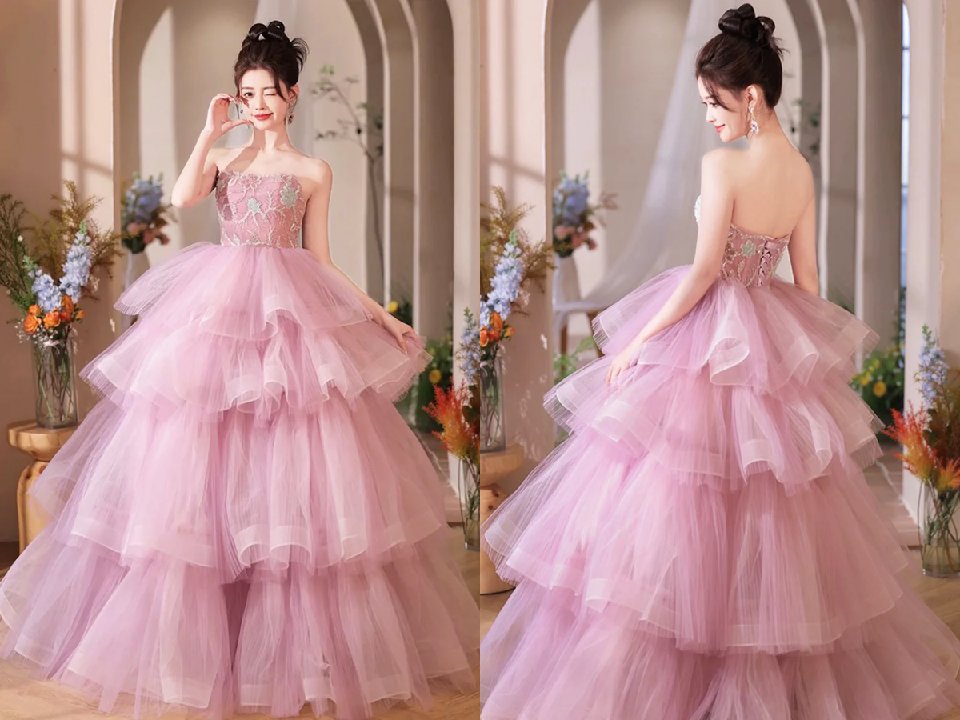 Pink Tulle Layers Long A Line Prom Dress, Pink Sweetheart Neckline Evening Gown