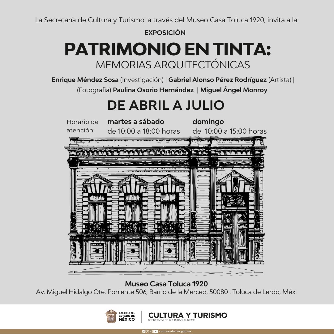 🖼️ Ven y recorre la exposición “Patrimonio en tinta: Memorias arquitectónicas”, en el @MToluca1920. A través de tres temas explora la historia de la arquitectura del siglo XIX, el arte y la temporalidad de cada inmueble.
¡Te esperamos! ✨

📅 De abril a julio
🎟️ #EntradaLibre