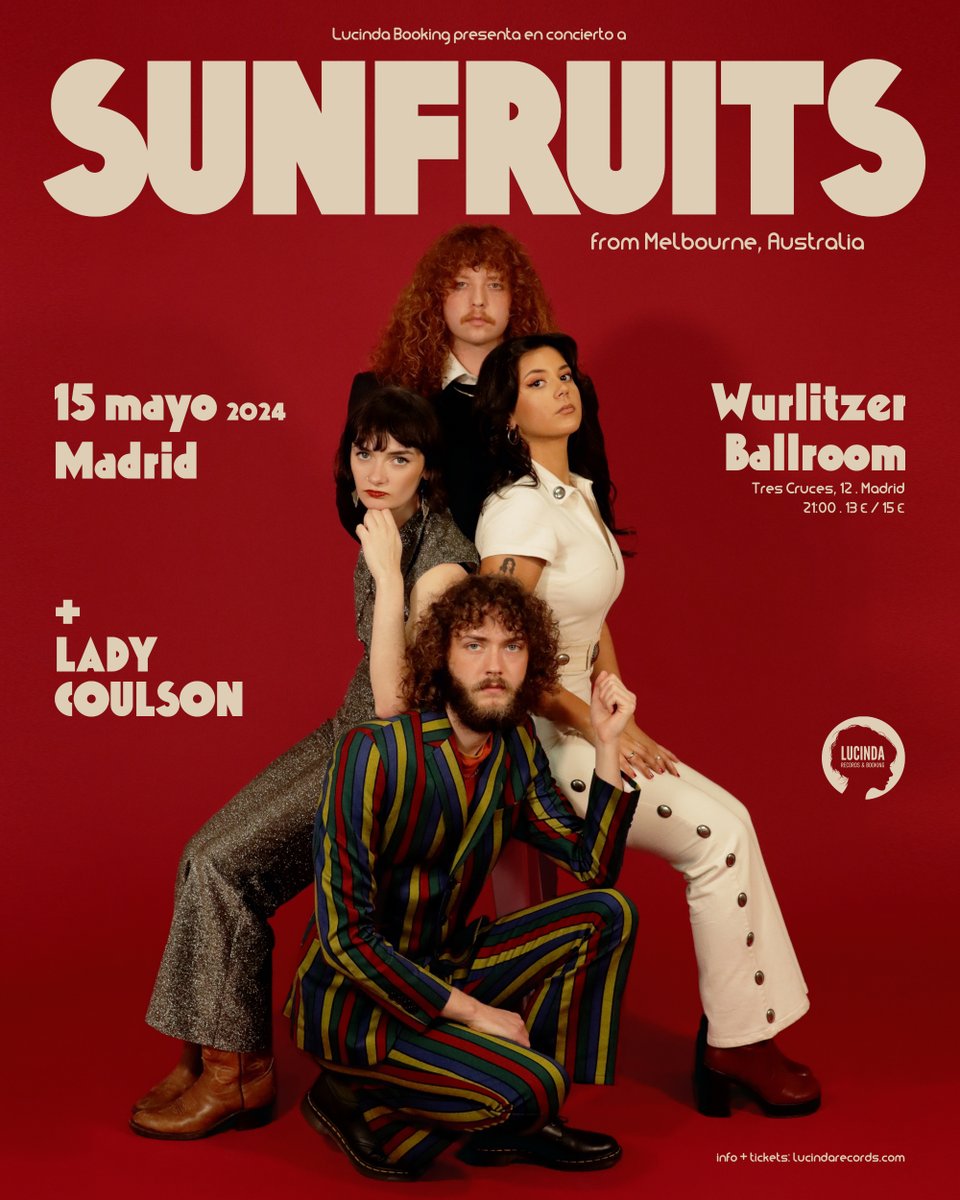 SUNFRUITS (Aus) + LADY COULSON en #Madrid miércoles 15 de mayo #WurlitzerBallroom #concierto #psychedelicrock #rockshow #aussiepop @Sunfruits_ @wurlitzerballro #rockandroll #LucindaRecords #spaintour