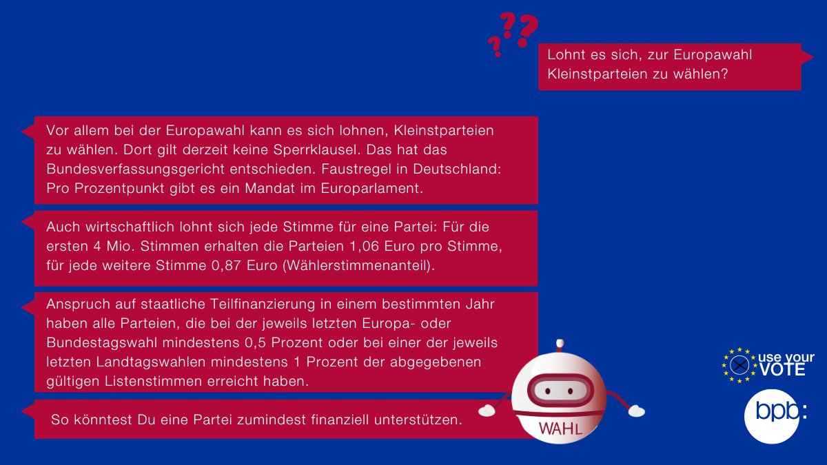 Ihr habt Fragen zur #Europawahl? Probiert jetzt unseren #Chatbot aus! 🤖 Einfach Frage eingeben und anfangen zu chatten: kurz.bpb.de/wahlbot #NutzeDeineStimme