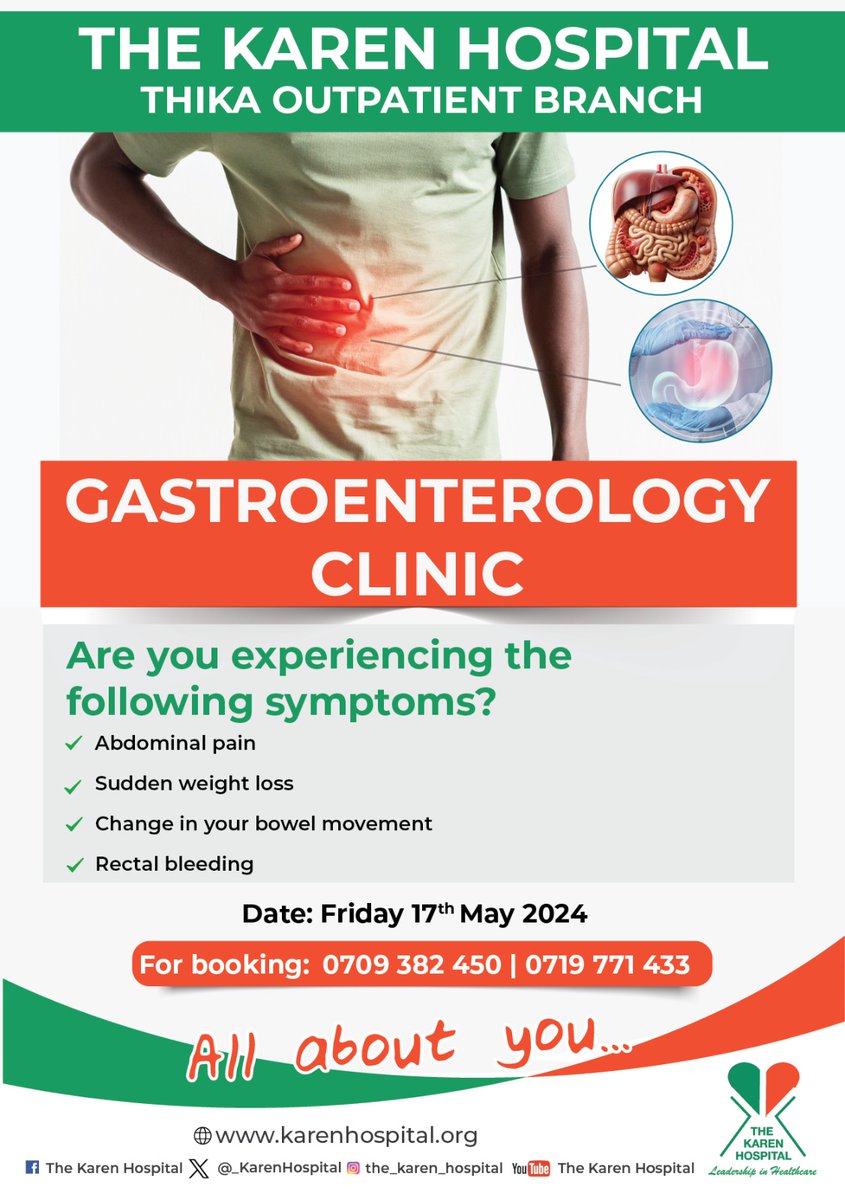 Join our Gastroenterology Clinic at Thika Clinic on May 17th for digestive wellness! From understanding your gut to tailored solutions, our experts are here to help you reclaim comfort and vitality. Secure your spot now! #DigestiveWellness #GutHealth #BookNow