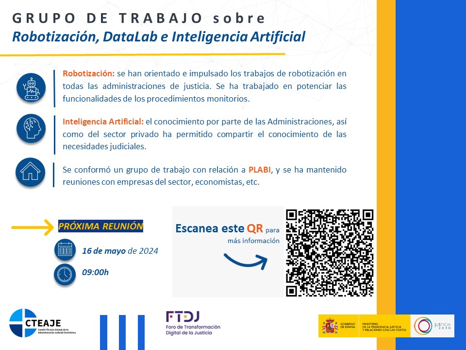 🗓️Próxima reunión del Grupo de Trabajo de Robotización 🤖, IA 🧠 y Datalab 📊del #FTDJ. 👇
