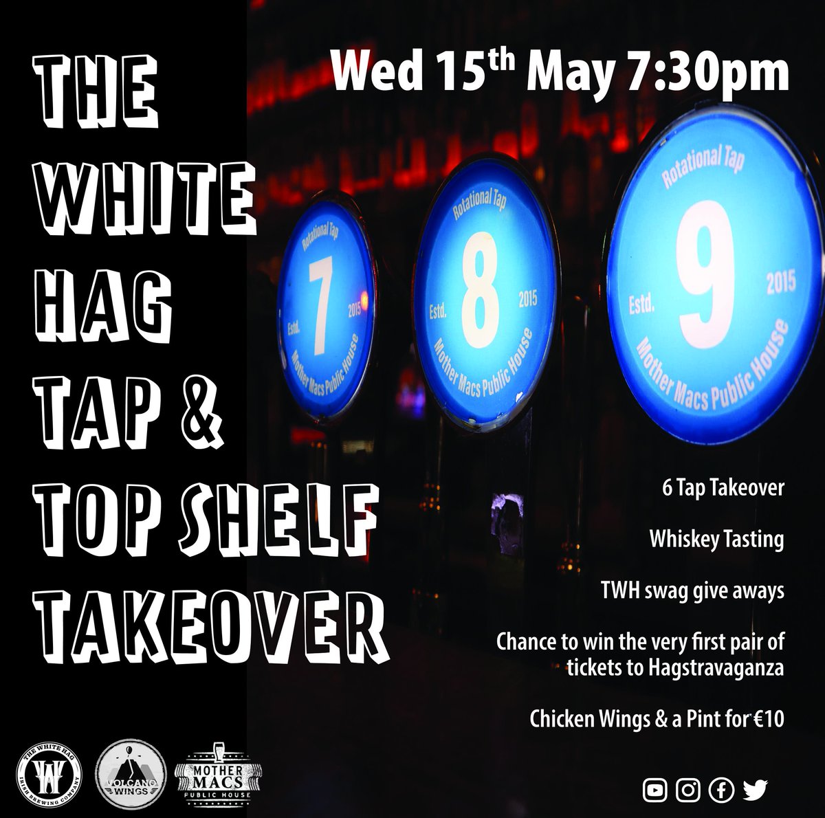 Only 1 day until @TheWhiteHag takeover our taps and top shelf Remember you get a pint of any White Hag beer and wings for €10 Be in with a chance to win a pair of tickets to Hagstravaganza (first in the country) Taste the new whiskeys in Peggy's Whiskey Parlour Bag some swag