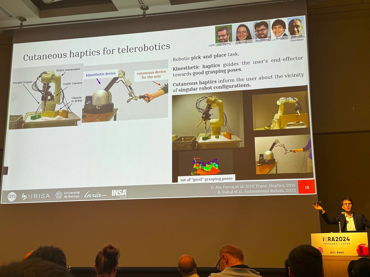 Claudio Pacchierotti (@cpacchierotti) on Twitter photo What a blast 🥳! I had the incredible opportunity to give a keynote presentation today at #ICRA2024 🤖. It was an honor to talk about #haptics and represent our community in such a great venue!
<a href="/CNRSinformatics/">CNRS Sciences informatiques</a>, <a href="/irisa_lab/">IRISA</a>, <a href="/Inria_Rennes/">Centre Inria de l'Université de Rennes</a> What a blast 🥳! I had the incredible opportunity to give a keynote presentation today at #ICRA2024 🤖. It was an honor to talk about #haptics and represent our community in such a great venue!
<a href="/CNRSinformatics/">CNRS Sciences informatiques</a>, <a href="/irisa_lab/">IRISA</a>, <a href="/Inria_Rennes/">Centre Inria de l'Université de Rennes</a>