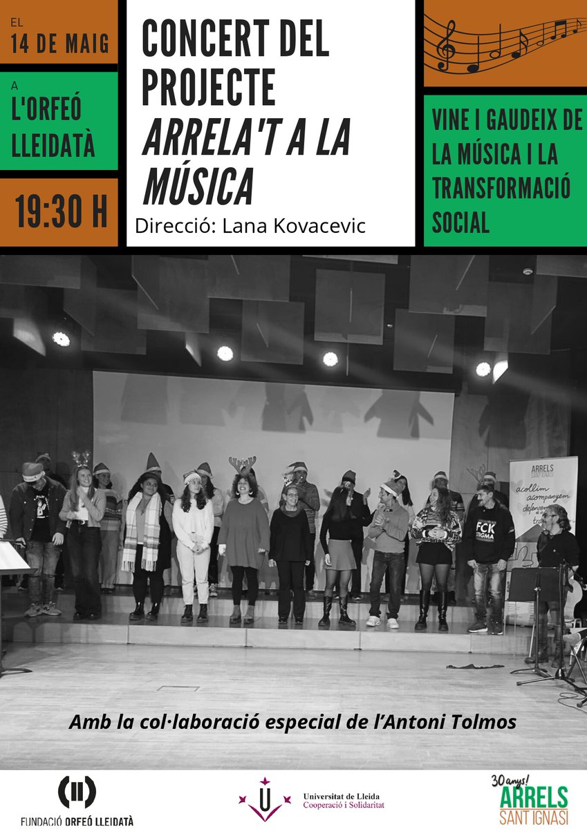 Avui, concert del projecte 'Arrela't a la música' dirigit per la professora Lana Kovacevic, amb persones @arrels_stignasi i estudiantat de la @FEPTS_UdL, en el marc del programa Lligams-Voluntariat @UdL_info 📆14 de maig ⏰19:30h 📍@orfeolleidata