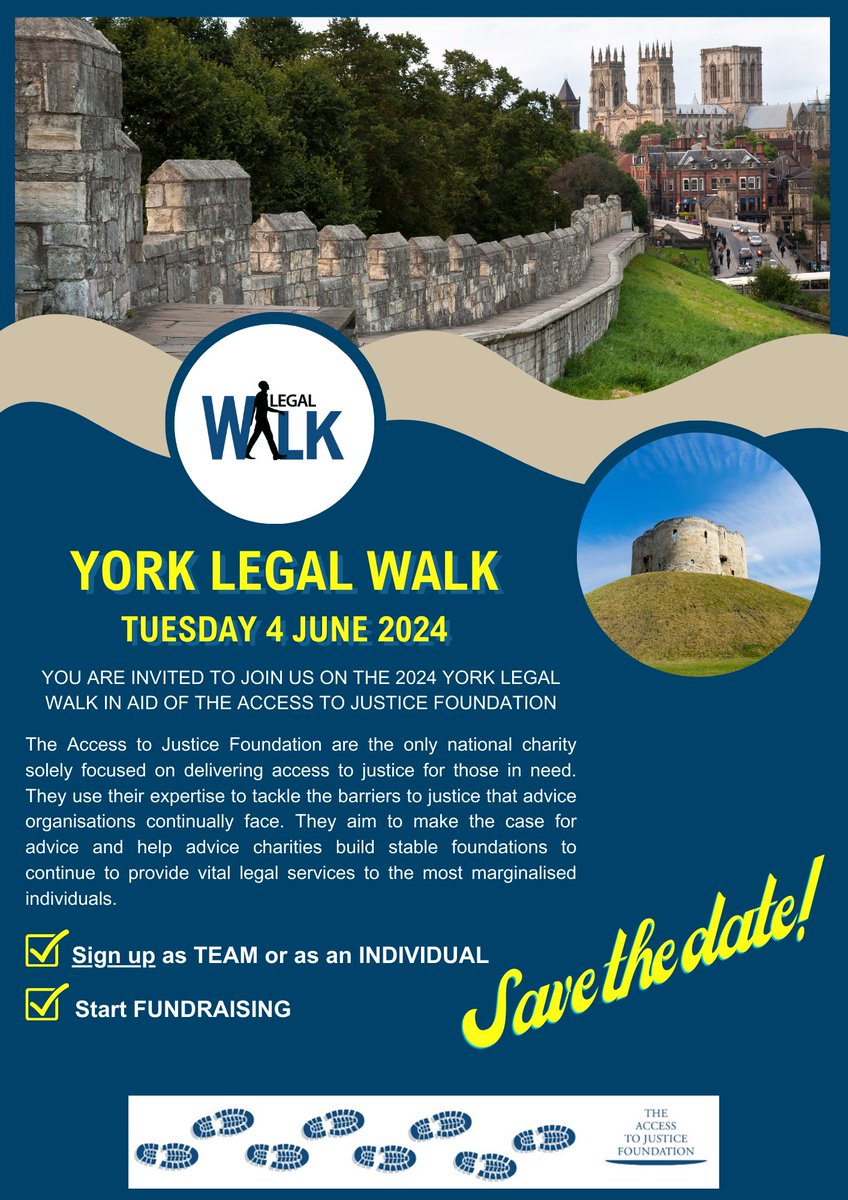 Three weeks to go until the York Legal Walk - 4th June 2024! 🥳 Sign up and join us for our most anticipated fundraising event! Help us to raise funds for @ATJFYorkshire All details can be found below 👇 #yorklegalwalk yorkshirelawsociety.org.uk/our-events/eve…