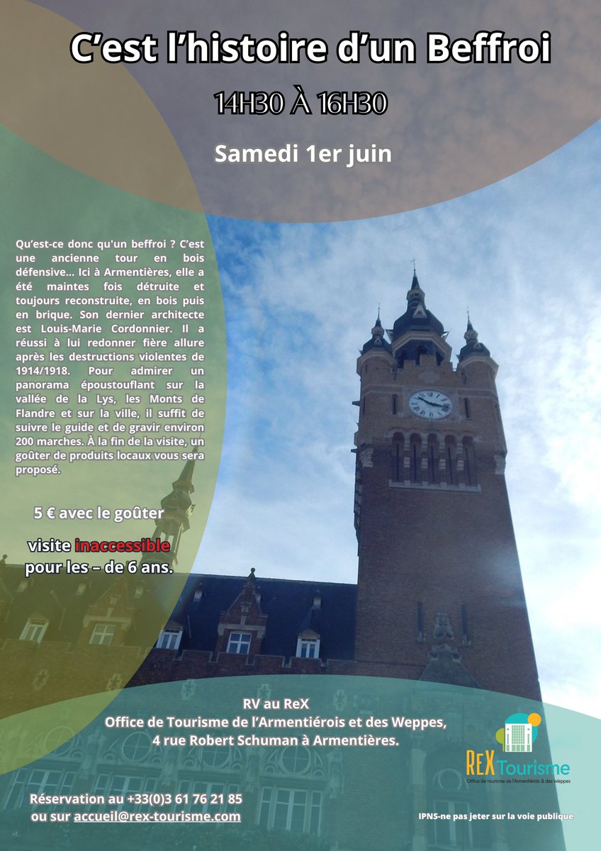 Prochaine visite du Beffroi d'Armentières : le samedi 1er juin à 14h30. Inscription obligatoire places limitées. Inaccessible pour les enfants de moins de 6 ans. 5€/pers avec un goûter de produits locaux inclus.