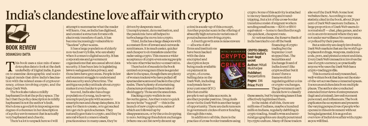 'This is a meticulously researched, well-written book that lays out the state-of-the-art across these connected spaces.' Thank you for such an extensive and detailed review @devangshudatta for @bsindia @HarperCollinsIN @swatichopra1 #cryptocurrency #cryptocrime