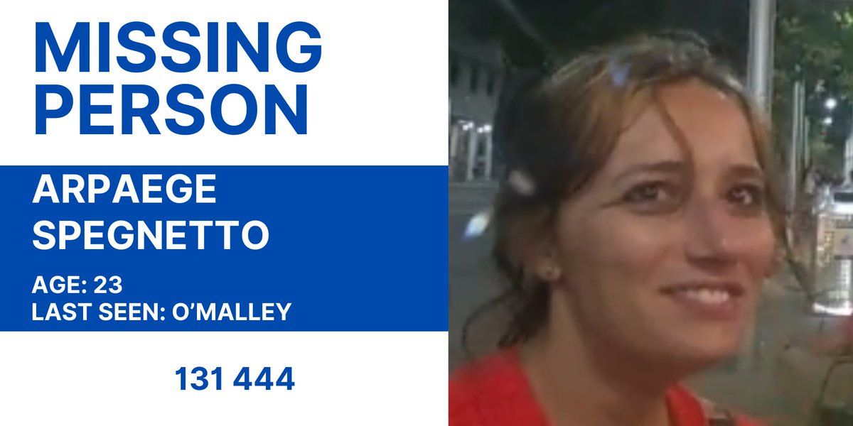 #MISSINGPERSON Arpaege Spegnetto. 

She is described as having an olive complexion, about 165cm (5’5”) tall. She has also recently shaved her head. She was last seen wearing a black hooded jumper and black trackpants. Call 131 444 with any info. More: bit.ly/3UE9iDm