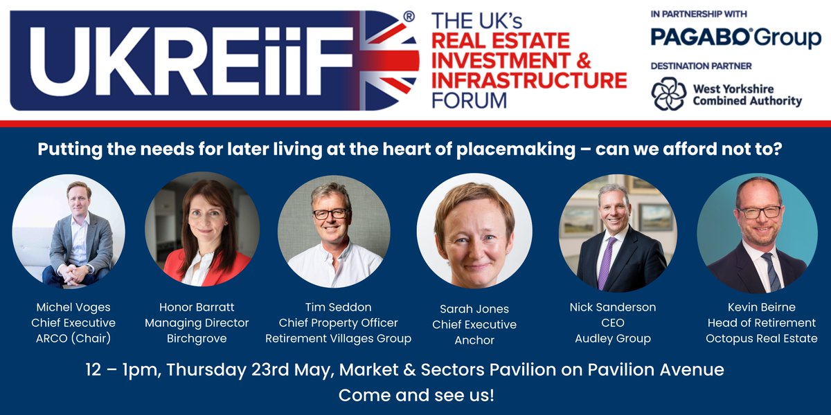 If you're attending @UKREiiF next week, don't miss out on our exciting panel - details below! With speakers from ARCO, @birchgrovelife, Retirement Villages Group Ltd, @anchorlaterlife, @audleyvillages and @octopusre. #retirementhousing #UKREiiF #retirementliving #IRCs