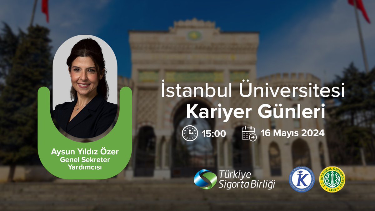 Gençlere sigorta sektörünü tanıtmak, sektörümüzün toplumumuzdaki ve ekonomimizdeki rolünü anlatmak için İstanbul Üniversitesi'ndeyiz!    Türkiye Sigorta Birliği Genel Sekreter Yardımcısı Aysun Yıldız Özer'in sunumu ile 16 Mayıs Perşembe günü, saat 15:00'te İstanbul Üniversitesi