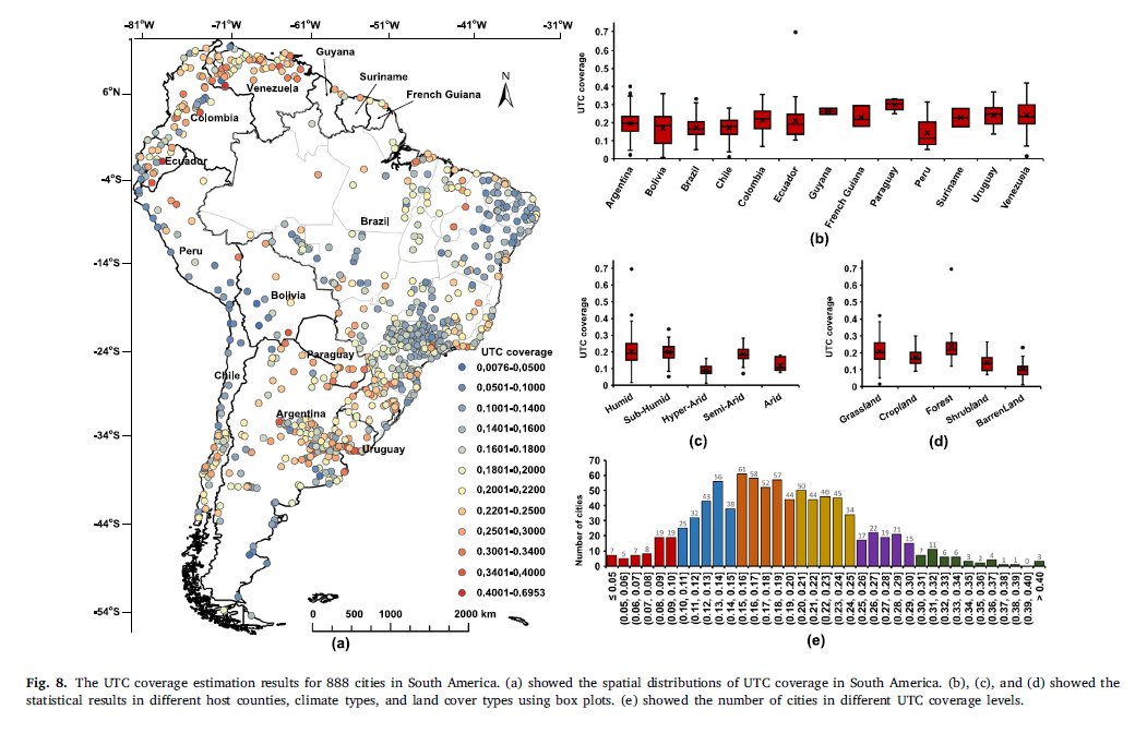 🌳 Excited to share our new paper on urban tree canopy mapping in South America! Using high-res satellite images & deep learning, we mapped 888 cities with 94.88% accuracy. Discover the impact of natural & human factors on urban greenery. 🌿📈 
#UrbanForestry #Sustainability