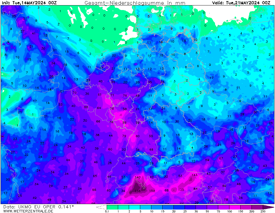 Modelle: #ECMWF, GFS, GEM und UKMO
Bis Ende Mai im Westen/Süden von #Deutschland oft #Gewitter/#Unwetter, #Starkregen/#Dauerregen mit #Sturzfluten und #Hochwasser!
Im NO kaum Regen.
UKMO innerhalb 3 Tagen 150 L Regen in RLP/EIFEL, GFS bis 250 L im Süden!
⚠️🟪⬜⛈🌧