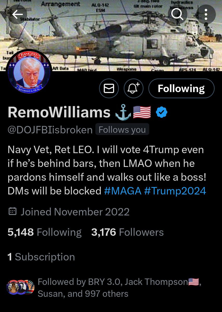 Hey 🇺🇸 America help push this Navy Veteran and LEO to 3500 followers. RemoWilliams @DOJFBIisbroken is true 🇺🇸 American Patriot and a good friend. Come on 🇺🇸 America show this Veteran and LEO what we can do. #RangersVetsAndLEOs #RangerSniper #MAGA #Trump2024 RemoWilliams…
