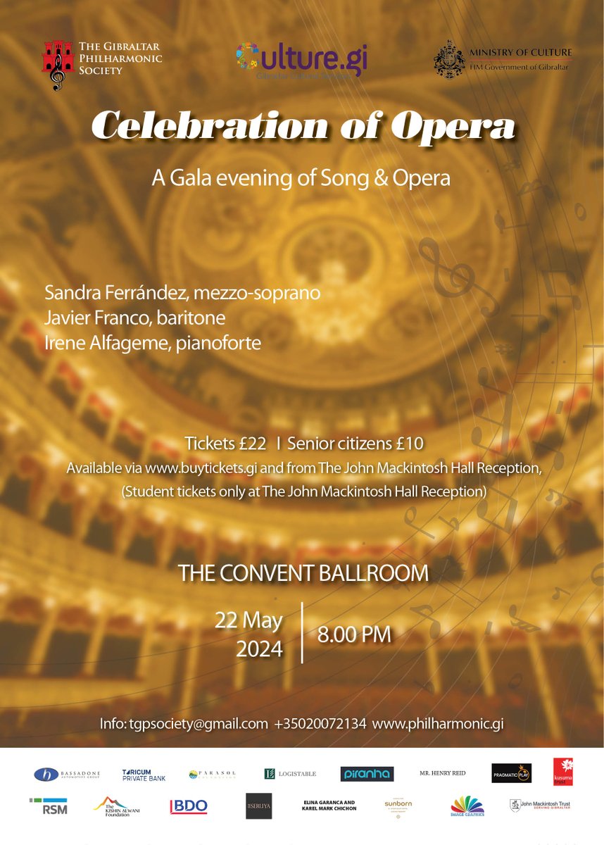 Join us on the 22nd of this month at The Convent Ballroom, 8.00pm, for a mesmerizing Celebration of Opera! Featuring the incredible talents of Sandra Ferrández, Javier Franco, and Irene Alfageme, it's a night not to be missed! For more details: culture.gi/news/a-celebra…