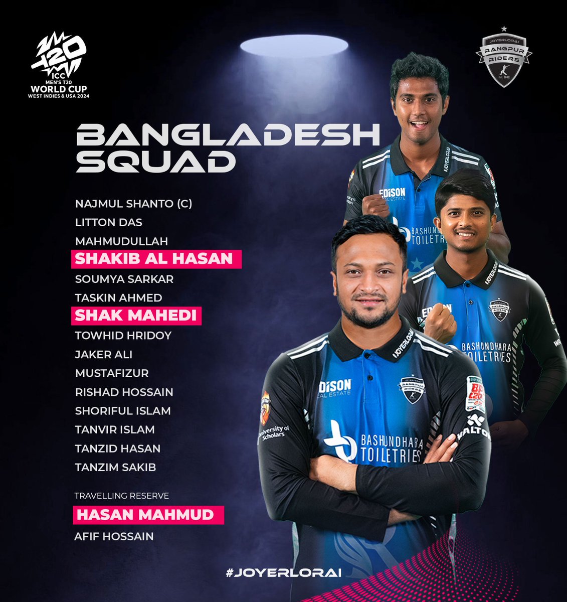 রাইডার সাকিব আল হাসান, মেহেদি হাসান এবং হাসান মাহমুদ (স্ট্যান্ড বাই) লাল-সবুজের প্রতিনিধিত্ব করবেন আসন্ন টি২০ বিশ্বকাপে❗ একনজরে দেখে নিন 🇧🇩 এর পুরো স্কোয়াড আর কমেন্টে জানান আপনার ভাবনা: 

#Joyerlorai #rangpurriders #TWC24 #bangladesh #bangladeshcricket