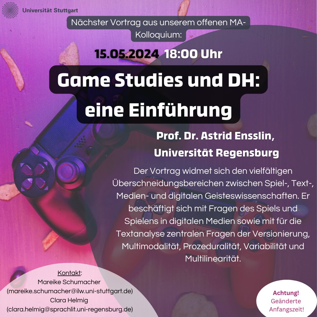 Mareike Schumacher (@m_k_schumacher) on Twitter photo Morgen ist es wieder soweit: Wir laden zum offenen MA-Kolloquiums ein. Diese Woche spricht <a href="/AstridEnsslin/">Prof. Dr. Astrid Ensslin</a> über Game Studies & DH. Wir dürfen uns auf spannende Fallbeispiele zu Textualität & Sprache und kritischen Genderfragen freuen. Mehr: ilw.uni-stuttgart.de/institut/aktue… Morgen ist es wieder soweit: Wir laden zum offenen MA-Kolloquiums ein. Diese Woche spricht <a href="/AstridEnsslin/">Prof. Dr. Astrid Ensslin</a> über Game Studies & DH. Wir dürfen uns auf spannende Fallbeispiele zu Textualität & Sprache und kritischen Genderfragen freuen. Mehr: ilw.uni-stuttgart.de/institut/aktue…