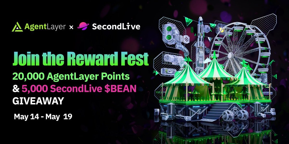🎉 Celebrating a new journey with our Eco-Partner @SecondLiveReal ! Join us in the giveaway campaign and don't miss out the rewards 🌟 20,000 AgentLayer Points 🌟 5,000 SecondLive $BEAN ⏰ May 14 to May 19 taskon.xyz/campaign/detai…