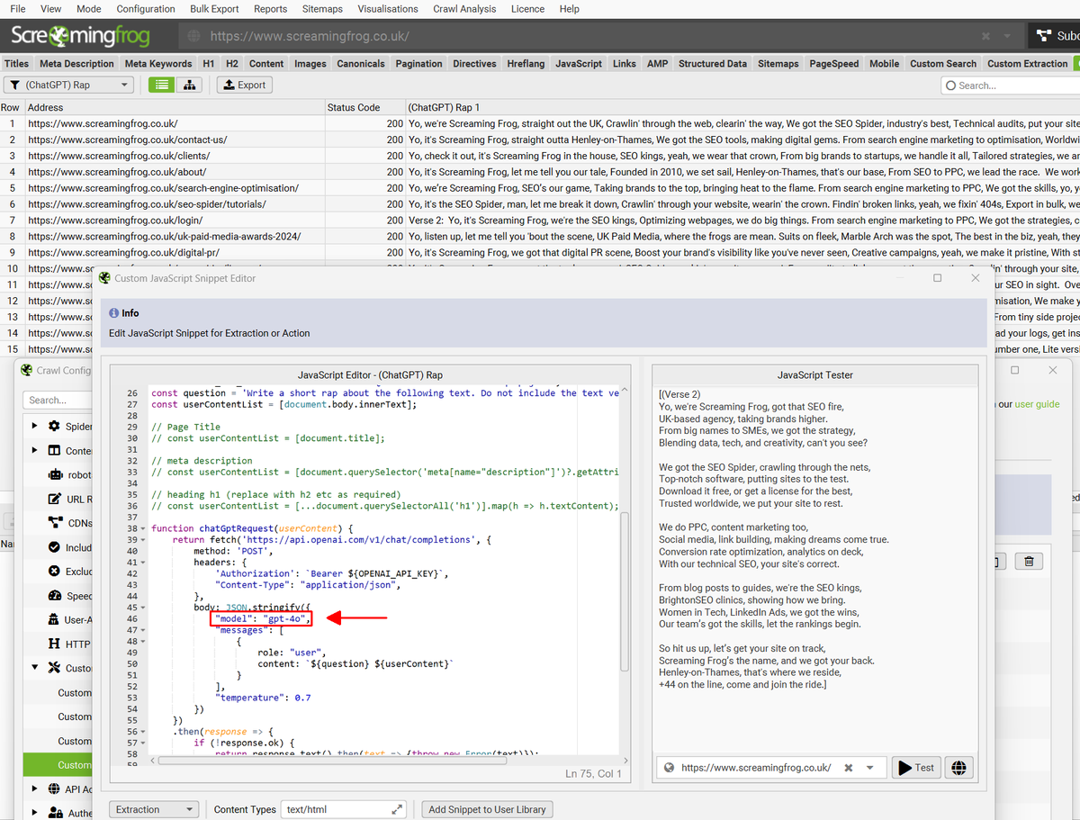 Little tip - To crawl with the new gpt-4o model in <a href="/screamingfrog/">Screaming Frog</a>, just update the model in the ‘(ChatGPT) Template’ snippet.
