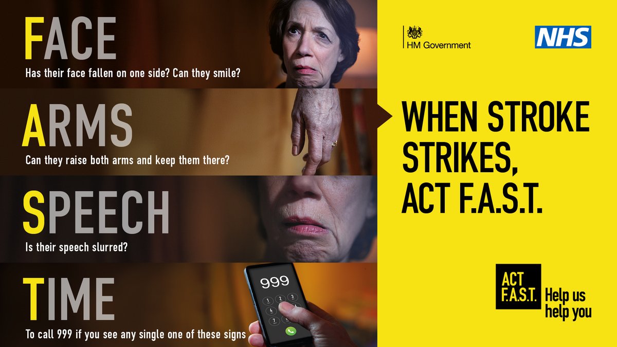 May is #StrokeAwarenessMonth. When a stroke strikes remember F.A.S.T Face – has their face fallen on one side? Can they smile? Arms – can they raise both arms & keep them there? Speech – is it slurred? It’s Time to call 999. The faster you act the better their chances.