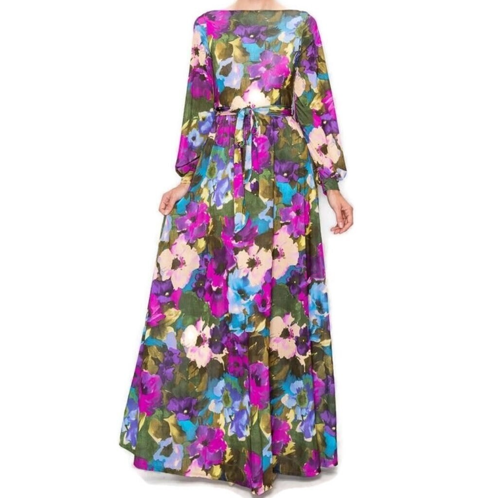 Vintage Olive Purple Floral Bell Long Sleeve Modest Maxi Dress tuppu.net/2347aed7 #bridesmaid #womenfashion #jumpsuits #smallbusiness #plussizefashion #maxidress #wedding #janettefashion #SpandexDresses