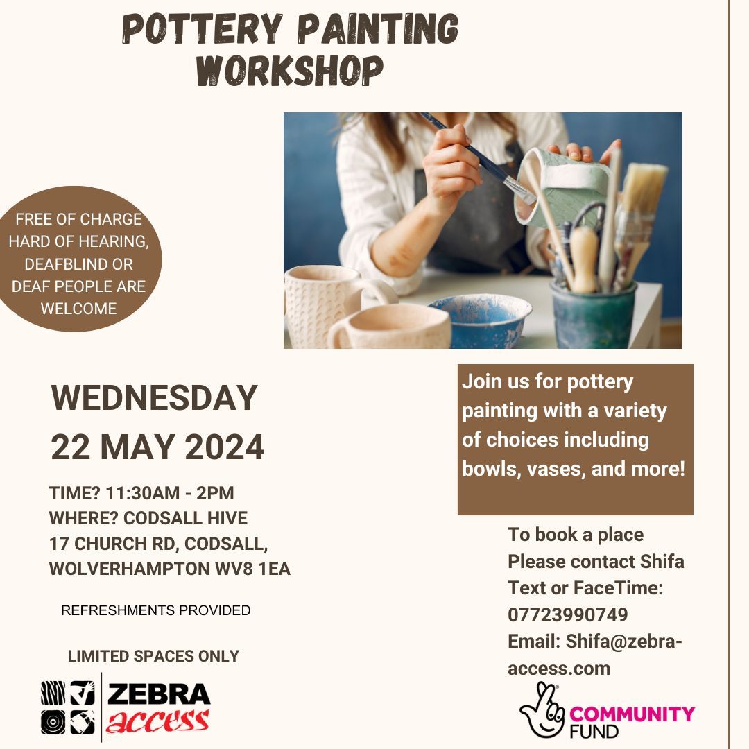 Let Shifa know today if you would like to attend this #PotteryPainting workshop with #BSL interpretation on 22nd May. @tnlcomfund #DeafCommunity #Wolverhampton