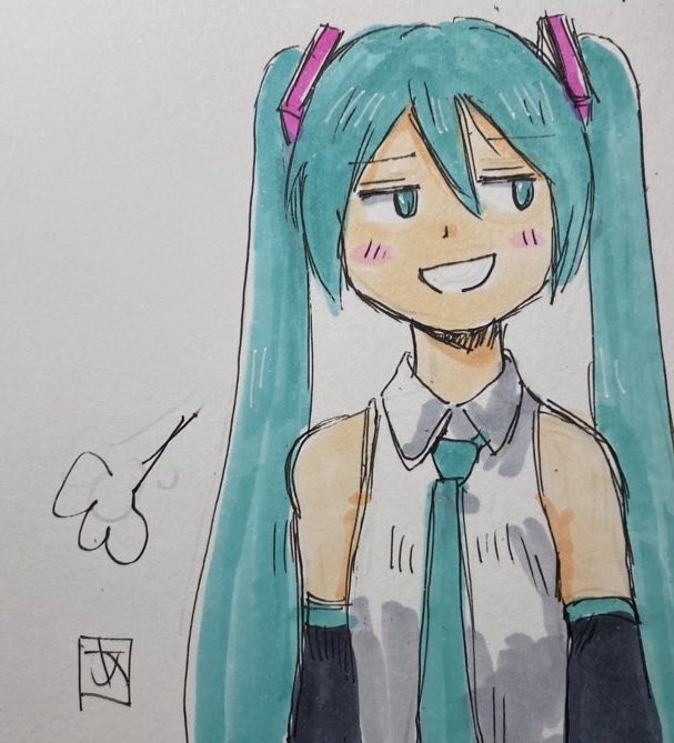 初音ミク 「いやー寝落ちってたね.... 」|あらがいのイラスト