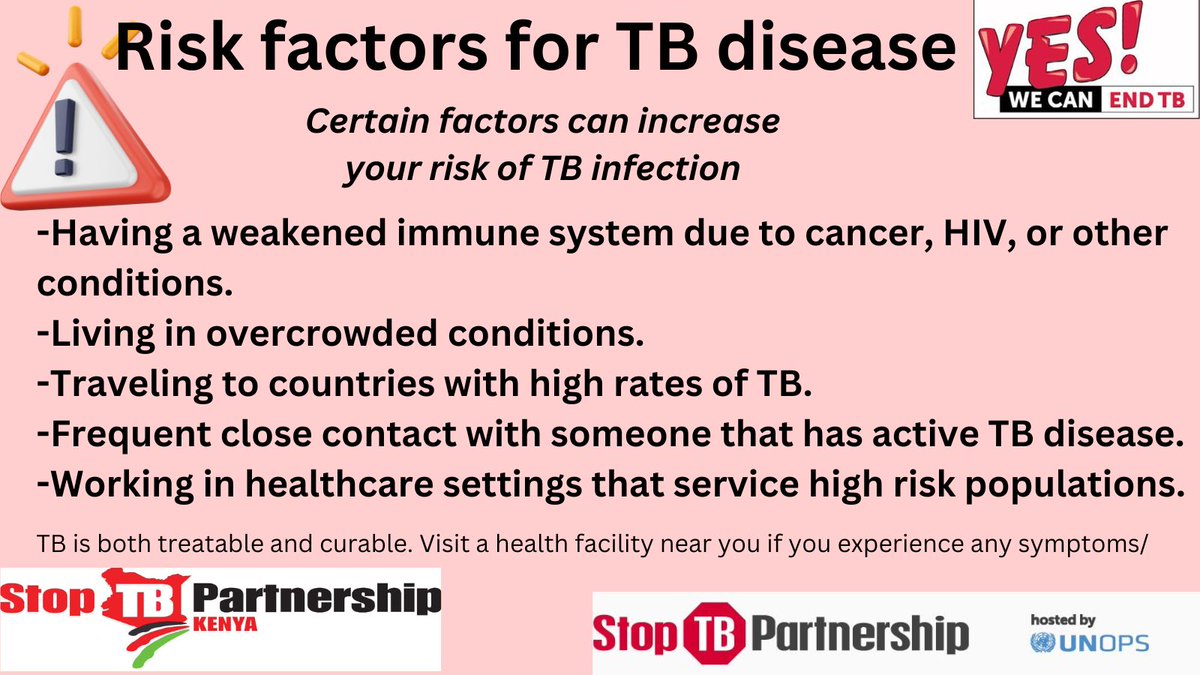 Certain factors increase your risk of contracting TB. Remember, TB is both treatable and curable. Visit a health facility near you if you experience any symptoms.
#TBAwareness
#yeswecanendtb