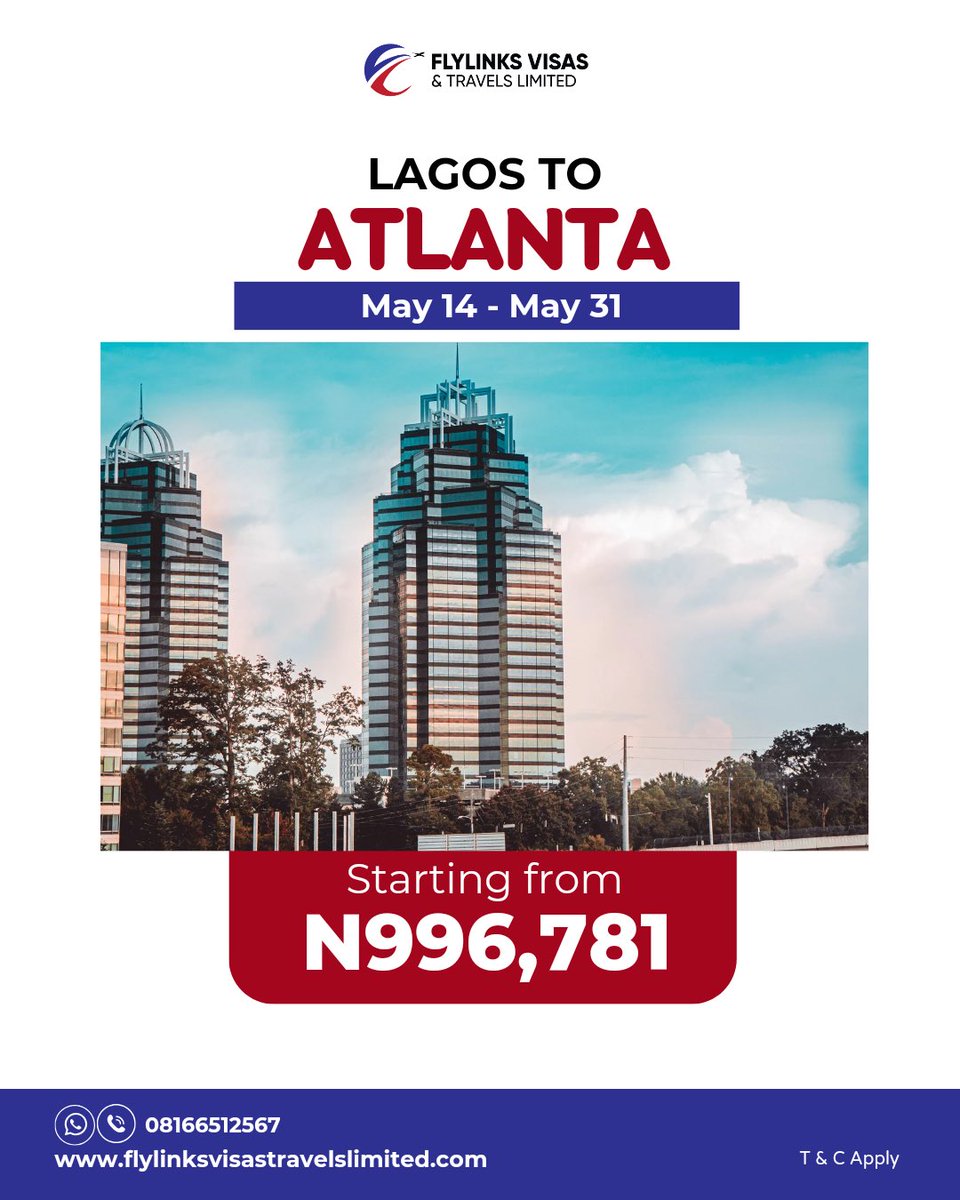 Today's Travel Deal: Lagos to Atlanta ✈️

Book now! Your next adventure awaits! 

#flightdeals #lagostoatlantaflights #affordabletravel #nigerianflightdeals #flylinks #flylinksvisasandtravels