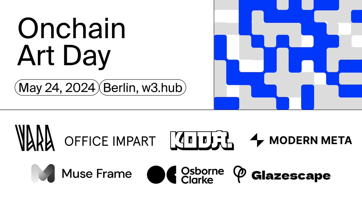 Join us for BERLIN BLOCKCHAIN WEEK  ￼⚡️⚡️

A day of #art, #talks and #workshops 
Bringing together some of the leading artists and experts in the field

Together with <a href="/KodaDot/">Koda.art</a>, <a href="/avtaube/">Annika von Taube</a> and <a href="/Glazescape_/">Glazescape Foundation</a> we are hosting  ONCHAIN ART DAY at w3.fund in #Berlin
