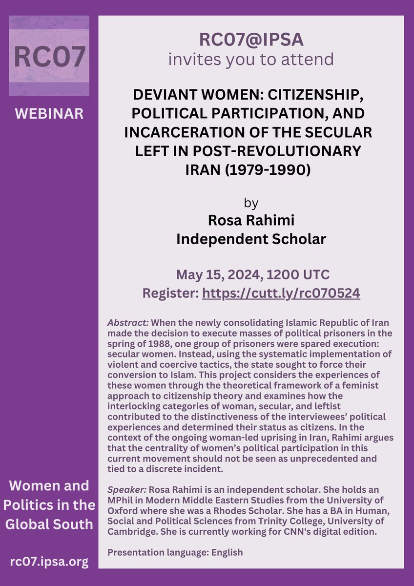 This is happening tomorrow! Register at cutt.ly/rc070524

@rosarahimi

#WomenAndPolitics #GlobalSouth #WomenAndPeace #PeaceStudies #WomenStudies