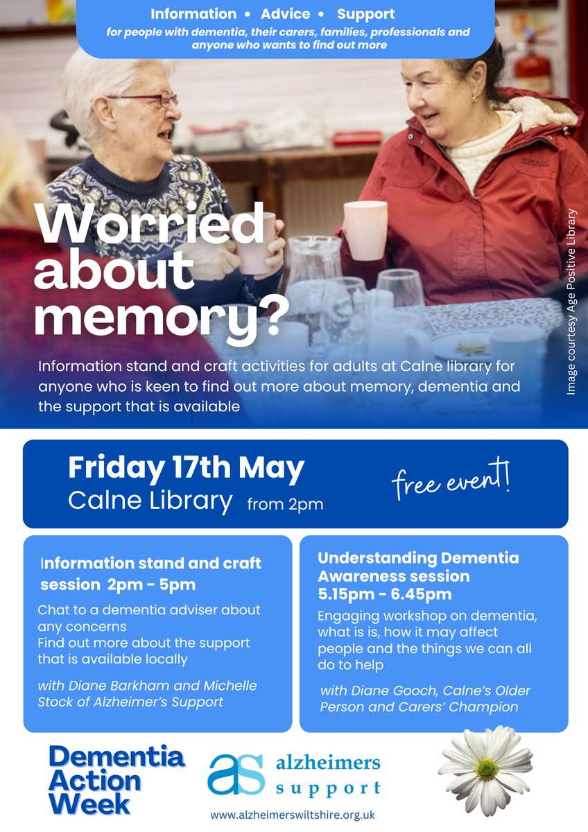 Come and join us this Friday we'll be at #Calne library with information, craft activities and a chance to take part in one of our Understanding Dementia sessions. @CalneTC @ShoutOutCalne @onechippenham