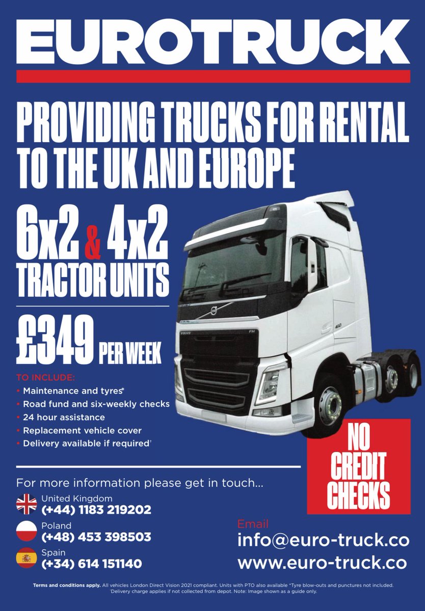 EUROTRUCK - providing trucks for rental to the UK and Europe. • Maintenance and tyres • Road fund and six weekly check • 24 hour assistance • Replacement vehicle cover • Delivery available Contact: 📞 01183 219202 📧 info@euro-truck.co 🌐 euro-truck.co #AD