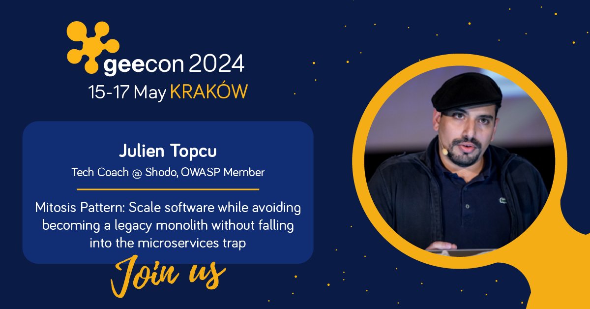 Tommorow this is the @GeeCON ! We will have the pleasure to present with @JosianChevalier pour talk 'Mitosis Pattern: Scale software while avoiding becoming a legacy monolith without falling into the microservices trap' at 15:30 in Room 12 Come and Say Hi! 👋