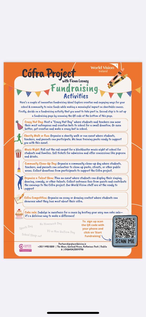 Reaching out to schools this week with fundraising suggestions for the Cófra Project. If you’re the parent of an independently wealthy First Communion/Confirmation person, please consider suggesting they support us at worldvision.ie
