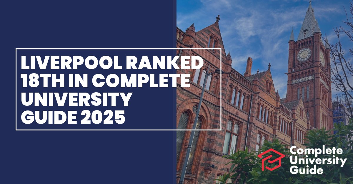 We're celebrating rising 6 places in the Complete University Guide 2025 to be ranked 18th in the UK – our highest ever position! 🏆 Read more: brnw.ch/21wJKGT

We're so proud of you #TeamLivUni 💙

@compuniguide #leaguetables2025 #rankings