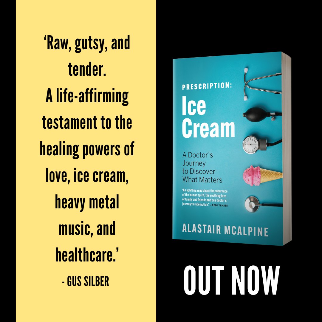 🍦🩺 Prescription: Ice Cream 🩺🍦 is @AlastairMcA30's stunning memoir of his journey as a medical doctor in South Africa and how, through metal music and ice cream, he found meaning in the chaos. 🩺🍦“Prescription: Ice Cream” IS IN STORES NOW