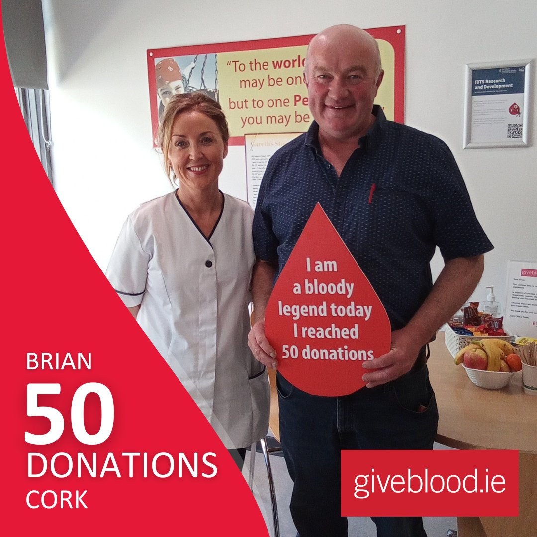 A huge congratulations to Brian who gave his 50th blood donation and celebrated his 50th birthday with us in Cork!  Thank you for your brilliant commitment to saving lives and we hope you had a lovely birthday!

#GiveBlood