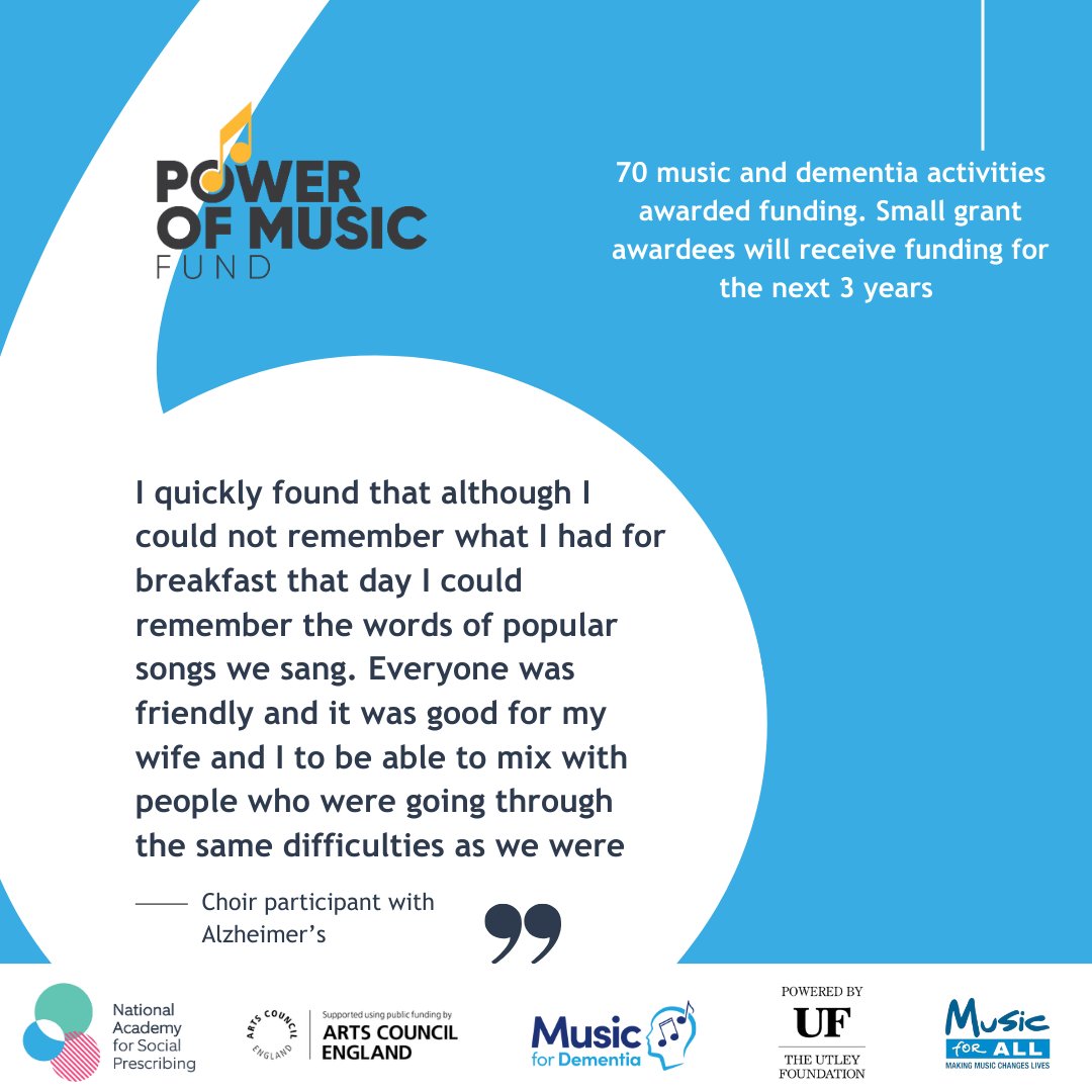 #DementiaActionWeek 

We are celebrating the impact of the #PowerOfMusicFund on people living with dementia &amp; their carers. 70 music &amp; dementia projects have received funding, small grant awardees will receive funding over the next 3 years 

Find out more: ow.ly/nBQG50REoKl