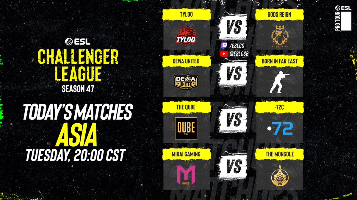 We're back in action with the #ESLChallengerLeague! Check out today's matches in Asia 👇👇 ⚔ @tyloogaming vs. @GodsReignIN 🎙 @pilskicasts & @Elfishguy 📺 /eslcs They're starting in 30 minutes, don't miss it! ⏰