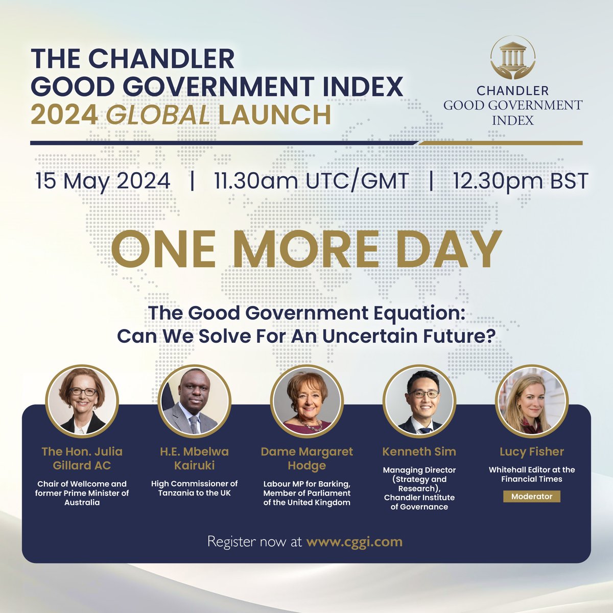 1 more day to the launch of the 2024 Chandler Good Government Index, which ranks and measures government performance around the world. Join us at the event and hear from @JuliaGillard @MbelwaK @margarethodge and @LOS_Fisher Register now at cggi.com #CGGI2024
