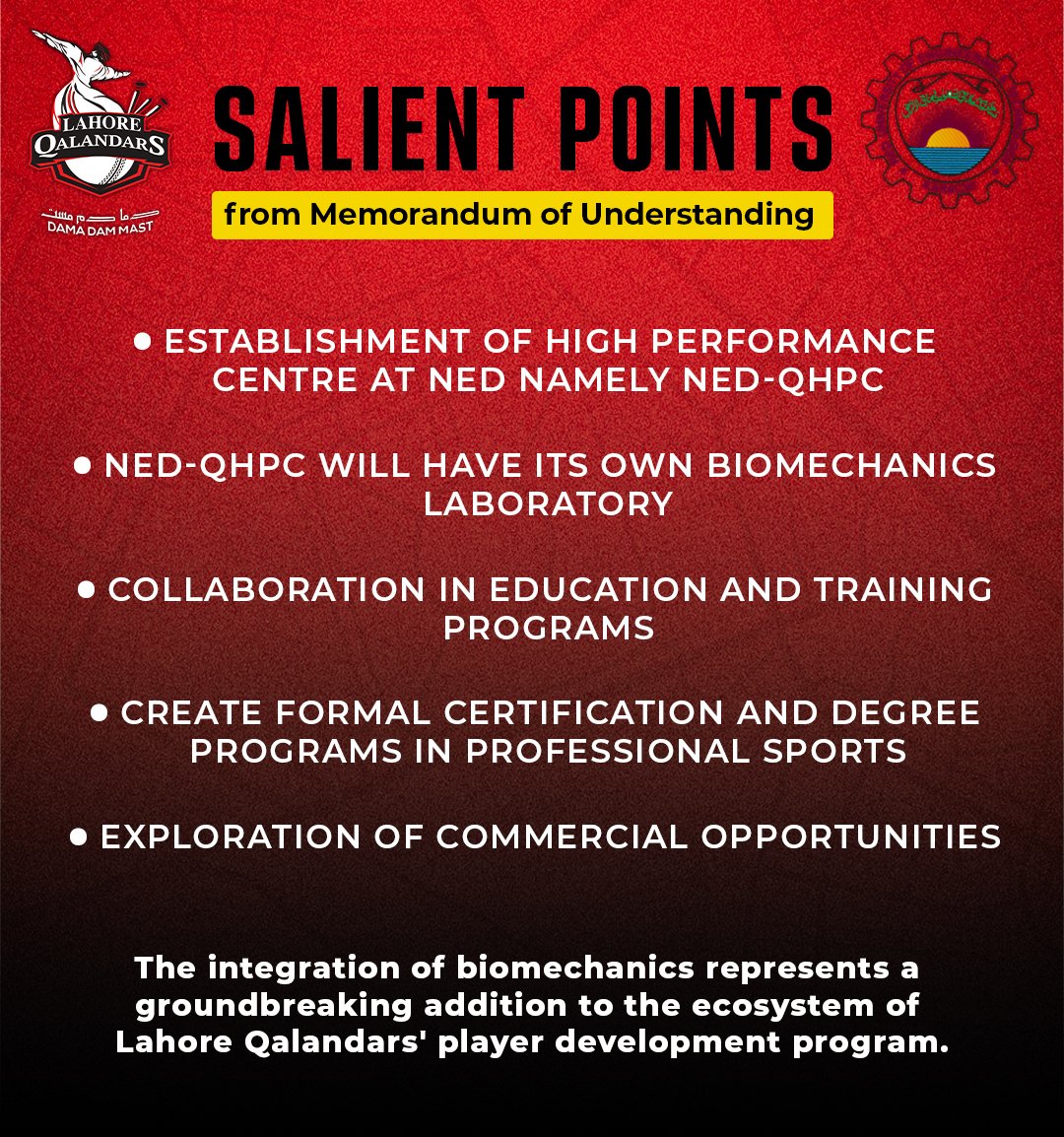 Exciting partnership alert! 🚨 Lahore Qalandars and NED University are teaming up to advance sports excellence in Pakistan. This transformative collaboration includes the cutting-edge 'NED-Qalandars High Performance Centre' in Karachi #NEDQHPC